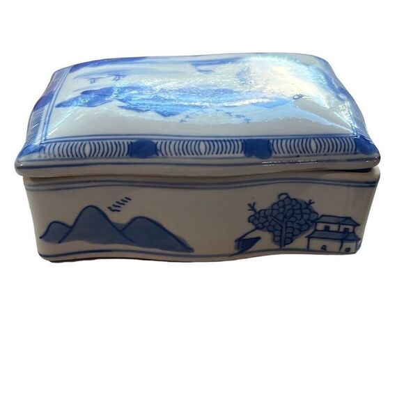 Vtg. Japanese Hand Painted Ceramic Cigarette Trinket Box Town Painted Blue - Picture 6 of 9